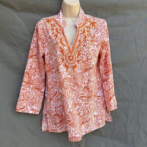 Orange White Beaded Sequin Coastal 3/4 Sleeve Shirt Top Blouse Preppy Size S/M?